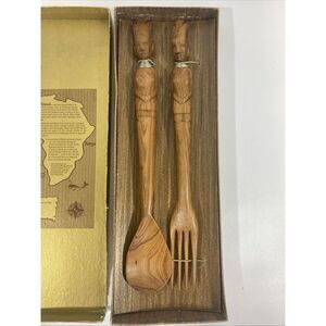 Vintage Salad Server Set African Kenya Mvule Wood Fork Spoon New w/Box